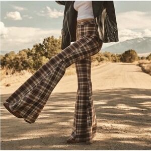 Free People Float On Super Flare Stretch Brown Plaid Jeans Bell Bottom Size 28